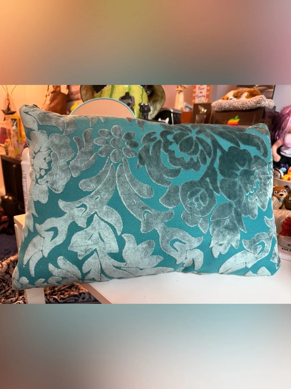 Vintage Pier 1 Imports Teal Velvet Damask Lumbar Pillow